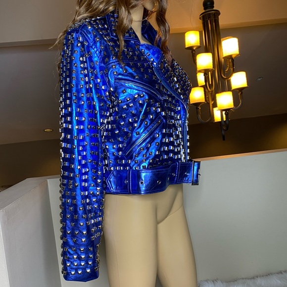 Royal Blue Studded Leather Jacket - Picture 3 of 15